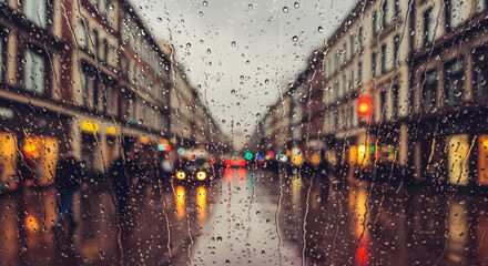 Fototapeta premium A rainy city street with a bunch of blurry people and buildings