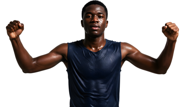 Athlete celebrating fitness goal achievement after intense workout session isolated on background on transparent background
