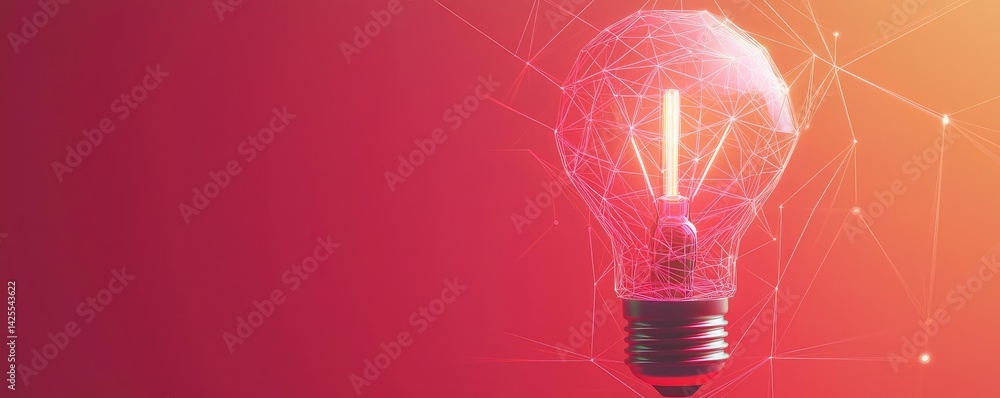Poster polygon lightbulb in exchange network technology concept. modern light bulb glowing with network con
