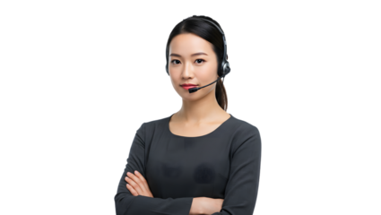 Asian woman customer service representative with headset ready to assist clients online now available today on transparent background