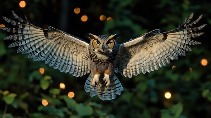 A nocturnal animal scene featuring a great horned owl in mid flight