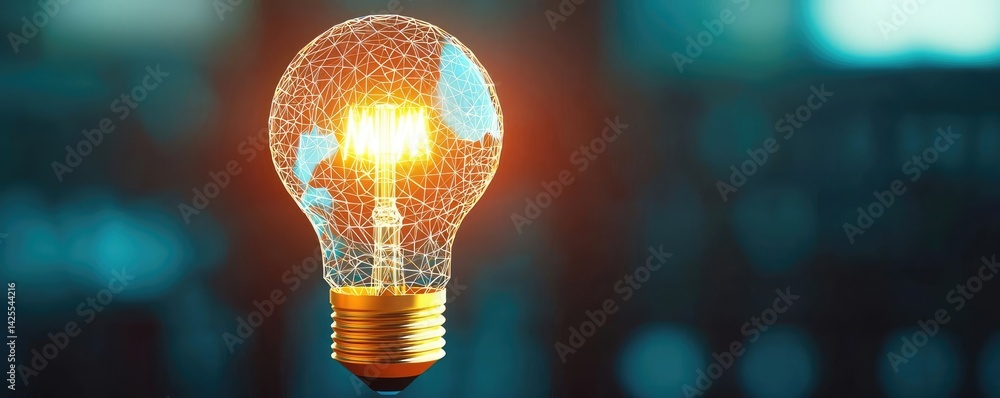 Poster polygon lightbulb in futuristic blockchain lamp concept. a glowing light bulb symbolizes innovation 