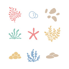 Undersea Design Elements Set. Seaweed Stone Bubble Starfish colorful hand drawn Collection Draft Silhouette vector illustration