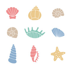 Seashells Colorful Set. Hand drawn collection of Beach Summer Sea Ocean Coast Elements Shapes and Starfish Silhouette. Vector illustration