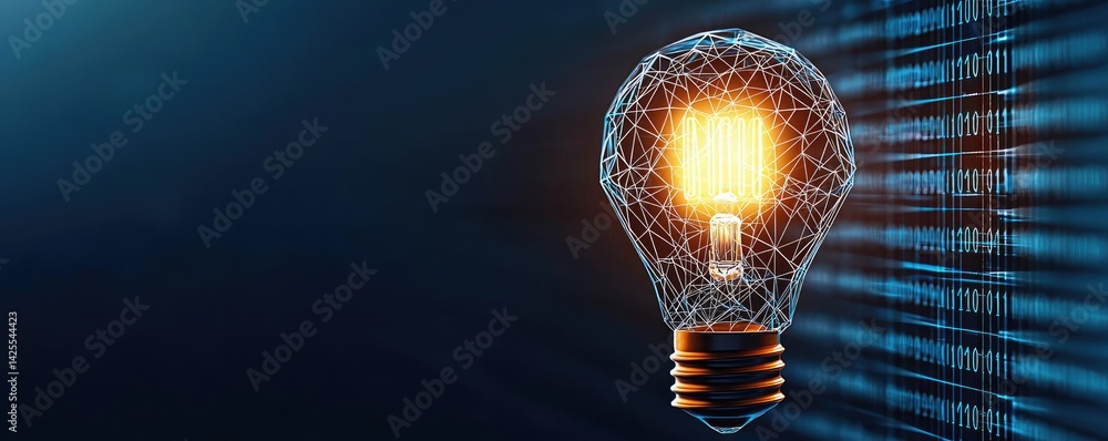 Poster polygon lightbulb in exchange network technology concept. an illuminated light bulb representing inn