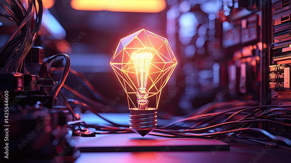 Poster polygon lightbulb showing technology and business concept. illuminating light bulb design surrounded