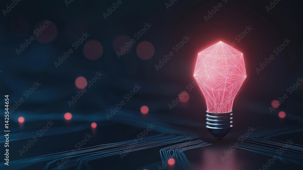 Poster polygon lightbulb in exchange network technology concept. futuristic light bulb glowing in a digital