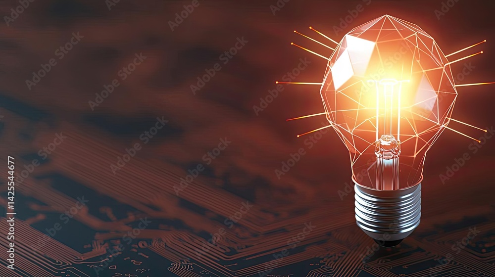 Poster polygon lightbulb showing technology and business concept. futuristic light bulb glowing on a textur