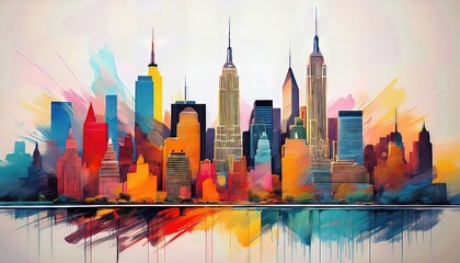 Vibrant Abstract Cityscape Colorful Brushstrokes Capture Iconic New York Landmarks at Dusk with a Pop of Energy and Urban Flair
