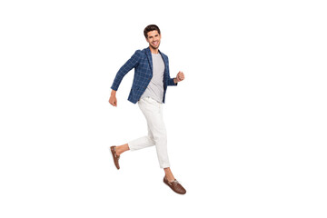Full length body size view of his he nice attractive luxurious cheerful cheery director wearing...