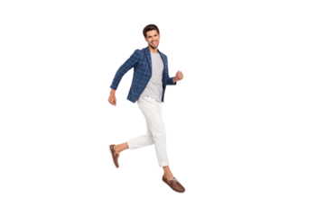 Full length body size view of his he nice attractive luxurious cheerful cheery director wearing checked blazer modern clothing jumping running motion isolated over light white pastel background