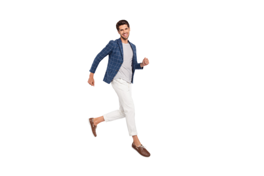 Full length body size view of his he nice attractive luxurious cheerful cheery director wearing checked blazer modern clothing jumping running motion isolated over light white pastel background