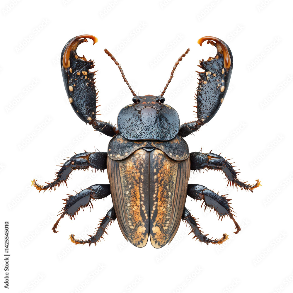 Poster colorful beetle with distinct claws and intricate patterns under bright lighting