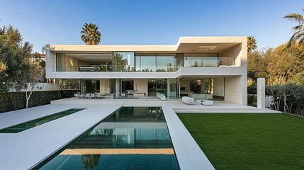 Fototapeta premium Modern luxury villa with pools and landscaped gardens. Exterior view showcasing clean lines, spaciousness, and minimalist design