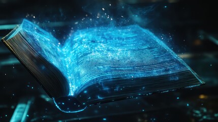 Mystical open book with glowing inscriptions floating in a dark background