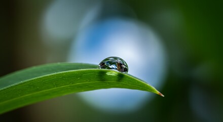 Isolated Water Droplet on Leaf Edge with Reflection. Close-up macro view of a water droplet clinging to a leaf edge reflecting sky. Used for meditation visuals, eco awareness, and peaceful nature bran