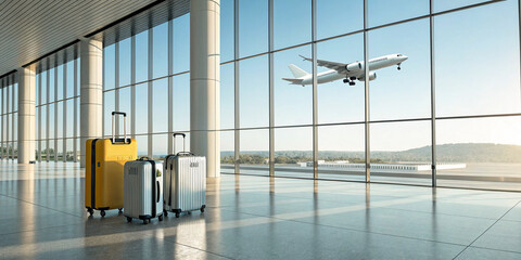 airport departure hall, sunlight streaming through floor-to-ceiling windows, modern architecture with sharp angles and clean lines, sleek chairs and seating areas, luggage cart with suitcases