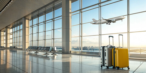 airport departure hall, sunlight streaming through floor-to-ceiling windows, modern architecture with sharp angles and clean lines, sleek chairs and seating areas, luggage cart with suitcases