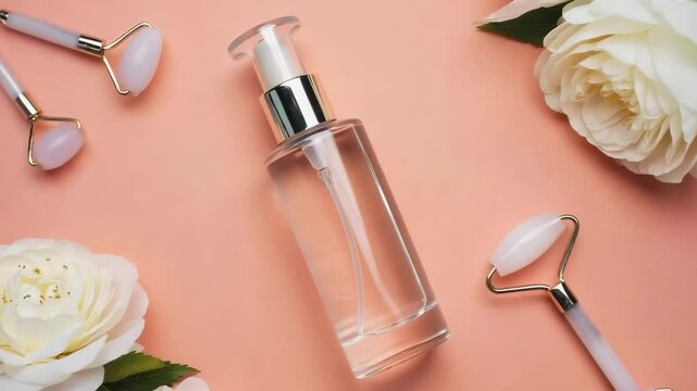 Clear Cosmetic Bottle with Flowers and Face Rollers on Pink Background