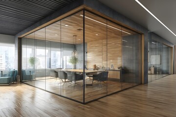 Modern office meeting room with glass walls and wooden accent panel. 3D Rendering