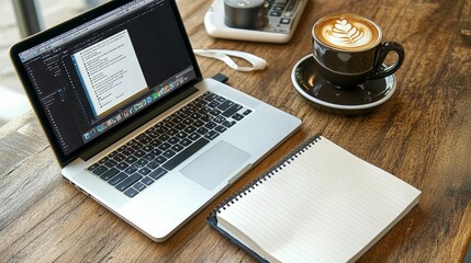 Cozy workspace setup with laptop coffee and notebook productivity concept