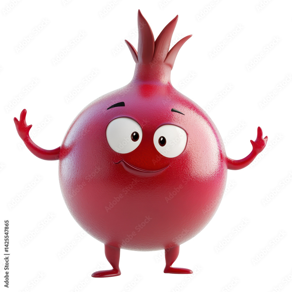 Poster cheerful cartoon character resembling a red fruit stands with a friendly gesture in a bright and col