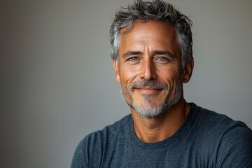 Obraz premium Mature man with salt and pepper hair and confident expression wearing dark gray shirt against neutral background looking at camera Generative AI