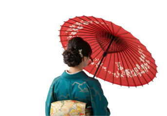 Elegant Woman in Kimono with Traditional Japanese Parasol transparent background