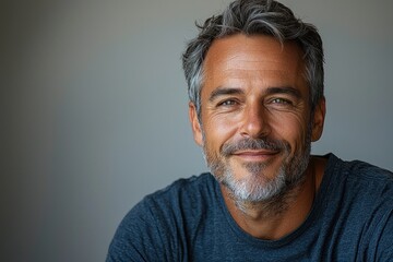 Obraz premium Smiling mature man with salt and pepper hair wearing dark blue shirt looking confidently at camera against white background closeup Generative AI