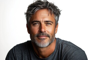 Obraz premium Smiling mature man with salt and pepper hair wearing dark blue shirt looking confidently at camera against white background closeup Generative AI