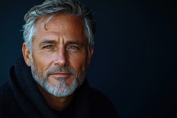 Stylish mature man with salt and pepper hair wearing brown jacket and dark shirt looking confidently at camera against dark background Generative AI