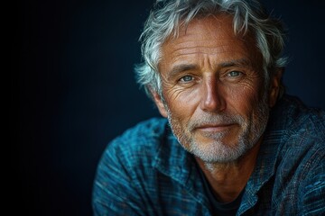 Obraz premium Stylish mature man with salt and pepper hair wearing brown jacket and dark shirt looking confidently at camera against dark background Generative AI