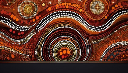 Vibrant Aboriginal Dot Art Banner in Rich Reds and Yellows, Featuring Traditional Text Elements Overlaid on a Timeless Design, Showcasing the Powerful Symbolism of Indigenous Australian Art.