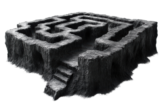 3D maze design with dark colors, featuring elevated walls and steps, ideal for creative projects.