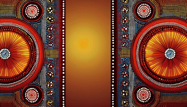Vibrant Aboriginal Dot Art Banner Showcasing Striking Colors and Textured Patterns, Depicting a Spiritual Connection to the Australian Outback Under the Radiant Sun.