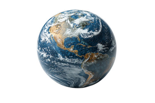 A beautiful, realistic depiction of the Earth showcasing landmasses, oceans, and clouds on a dark background.
