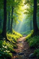 Obraz premium Sun-dappled forest path beside tranquil creek, untamed, summer, sunbeams