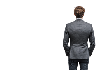 A businessman in a gray suit standing with his back toward the viewer, exuding confidence and professionalism.