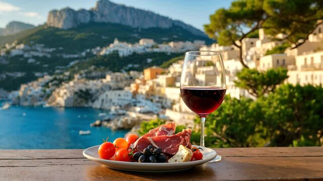 A glass of red wine with italian antipasto served on the table with Amalfi coast mediterranean sea view background