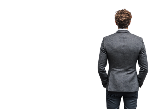 A businessman in a gray suit standing with his back toward the viewer, exuding confidence and professionalism. - Powered by Adobe