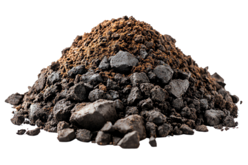 A close-up view of a pile of rich, dark soil, showcasing various textures and minerals on a white isolate background.
