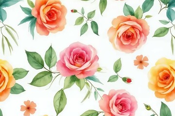 Seamless watercolor floral pattern with hand-painted roses in radiant peach, coral, and soft gold hues