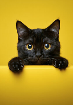 Adorable black solid kitten with bright amber eyes peeking over a vibrant yellow surface, set against a solid yellow background. The curious expression and minimalist setting make this a perfect