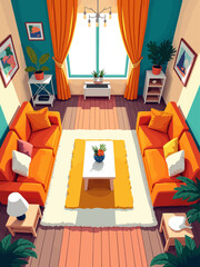  a top view layout for a living room with 9 meters length and 4.5 meters