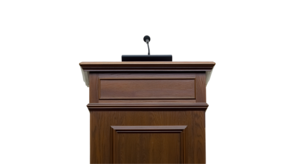 Wooden Podium with Microphone: A dignified wooden podium, complete with a sleek microphone, stands poised in a room, ready to host the next impactful speech or presentation.