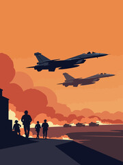  airal view of military jets flying over battlefeilds with soldiers on it, with fire in background