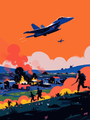  airal view of military jets flying over battlefeilds with soldiers on it, with fire in background