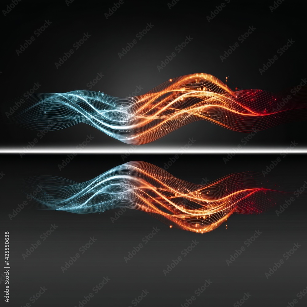 Poster abstract energy wave: a dynamic fusion of cool blue and fiery orange on a dark background