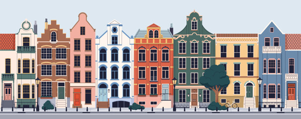 UK houses row. London city building facade, exterior, old urban architecture. Classic historic British facades, landscape, English neighborhood. Europe cityscape, street view. Flat vector illustration © Good Studio