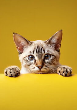 Adorable Siamese kitten with bright amber eyes peeking over a vibrant yellow surface, set against a solid yellow background. The curious expression and minimalist setting make this a perfect